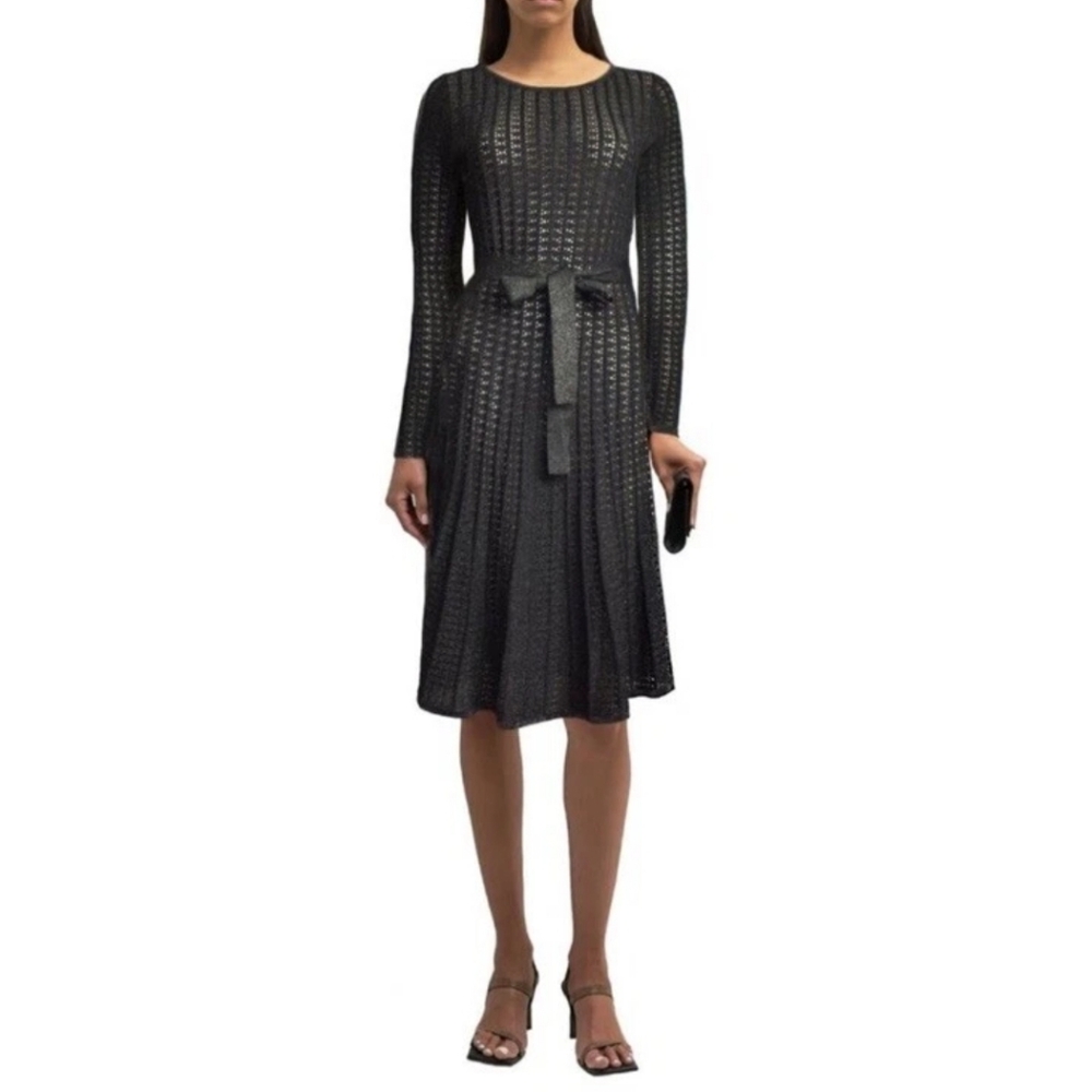 Elie Tahari Metallic Knit Flare Dress Black Gold Lurex Size M NWOT